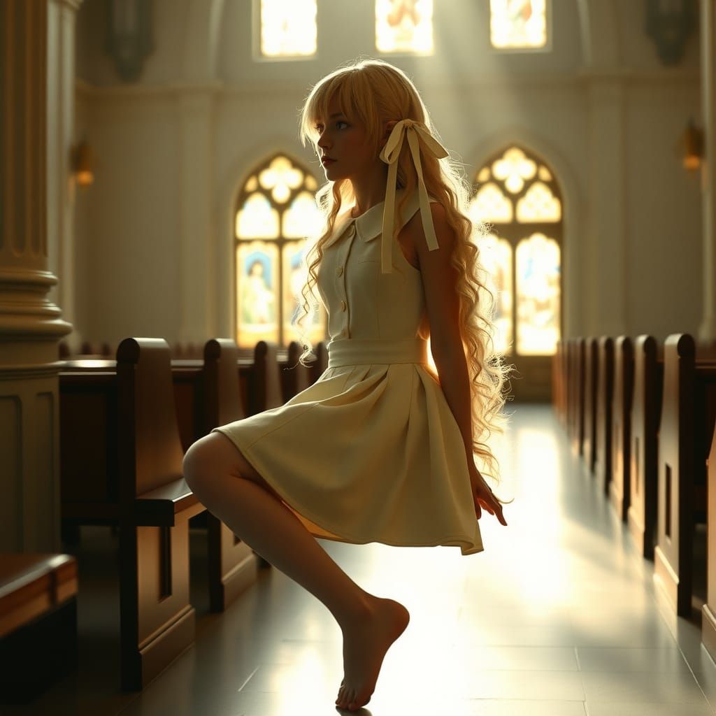 Contemplative Figure in Church, Cinematic Still