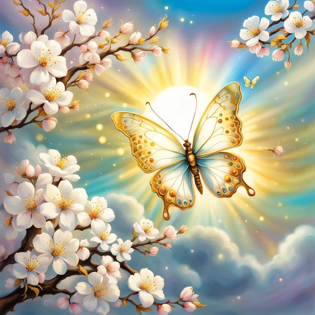 Bioluminescent Butterfly on Cherry Blossom Branch