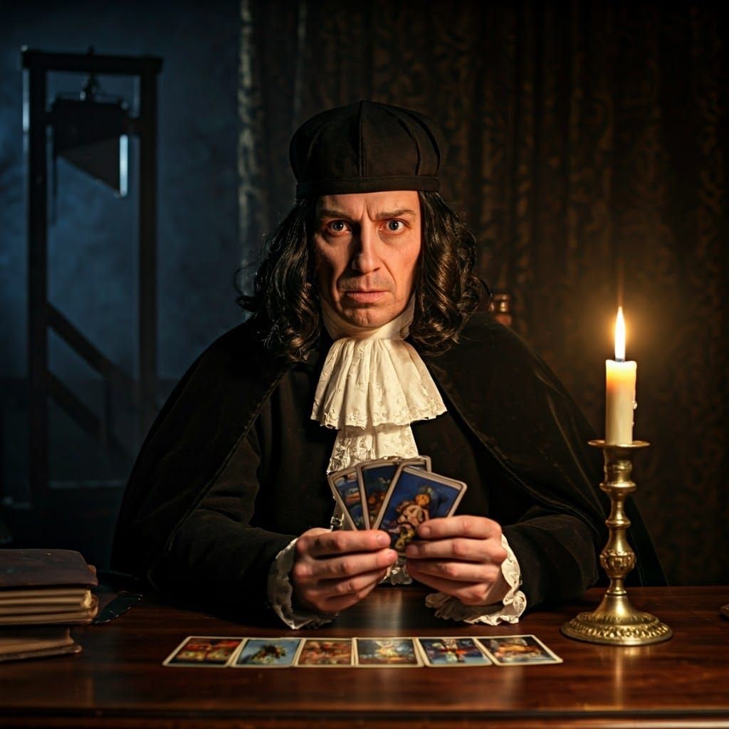 French Sorcerer with Tarot Cards in Dark Mystical Scene