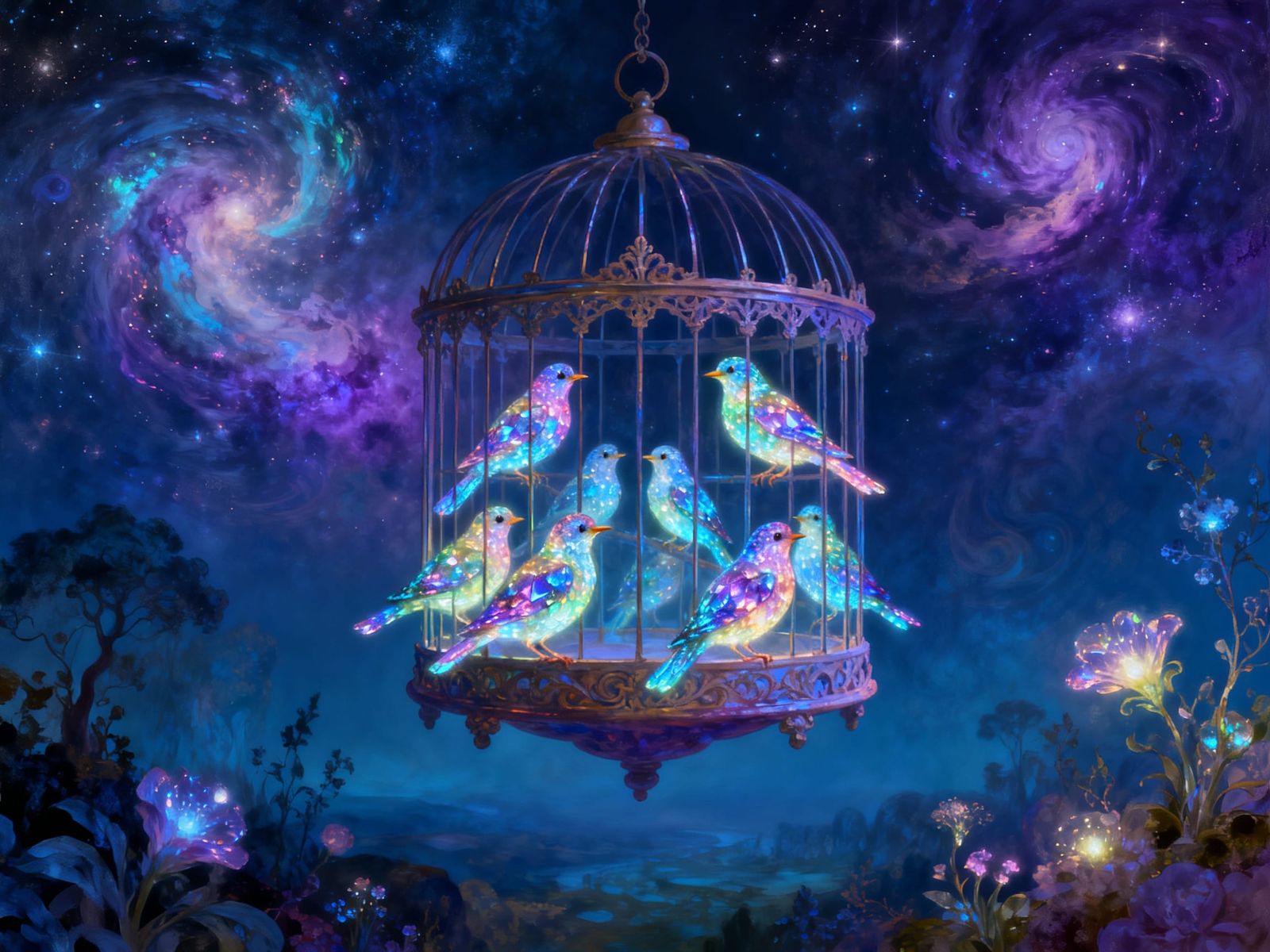 Surreal Floating Birds in Dreamlike Landscape