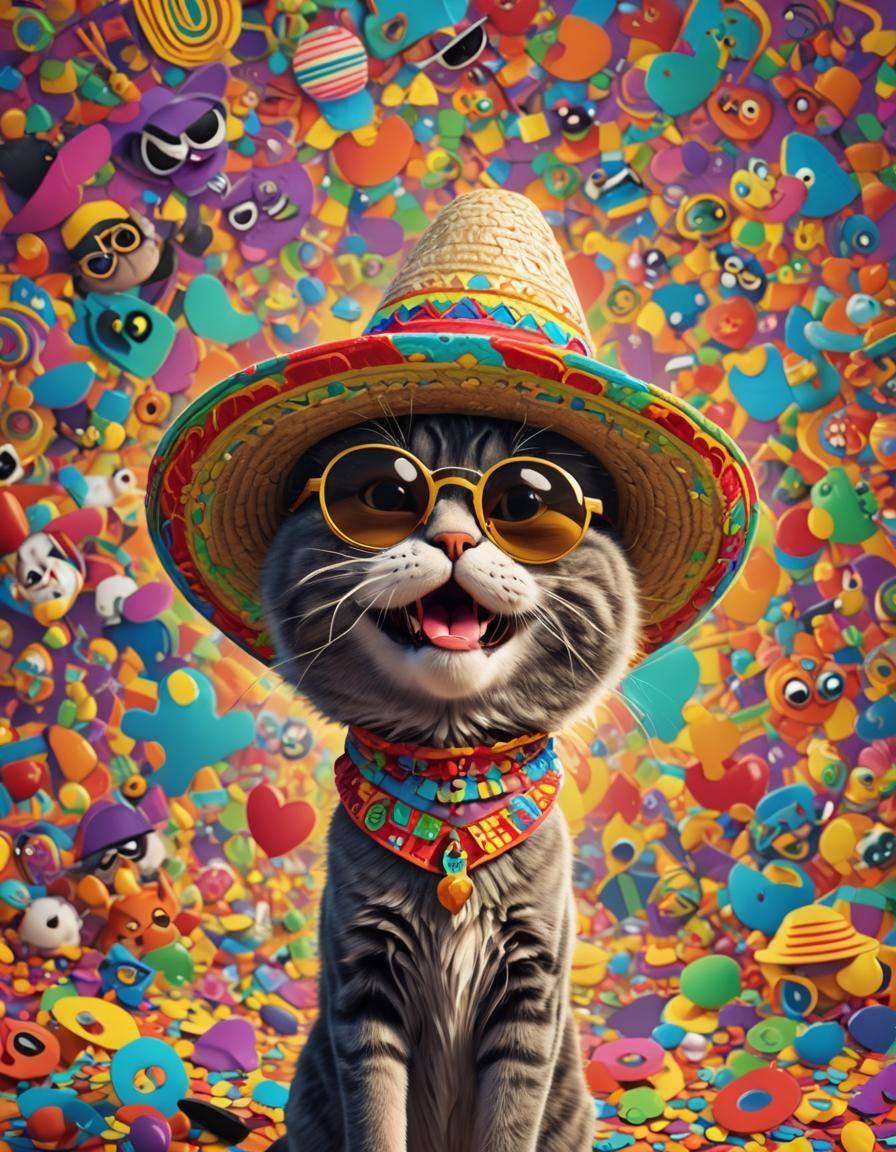 Comical Cat with Sombrero in Cartoon 3D Style
