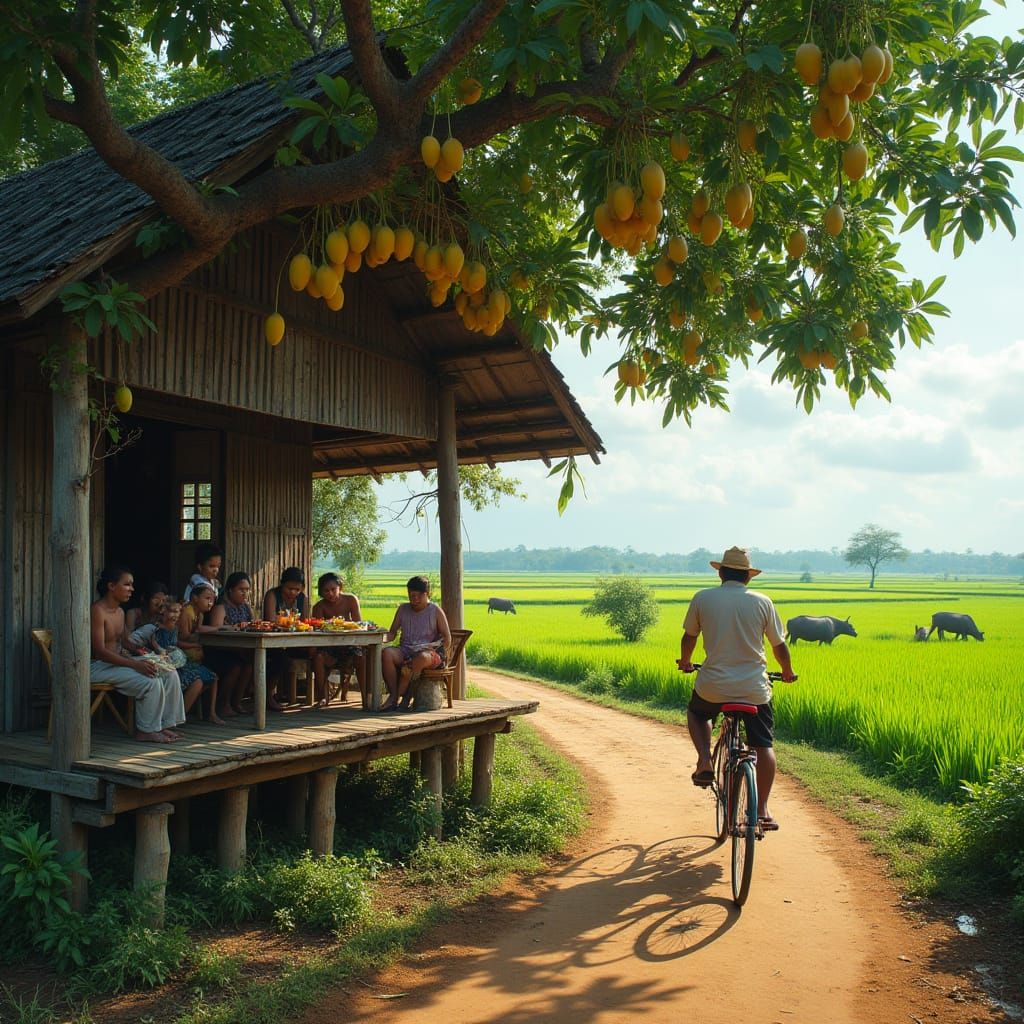 Thai Stilt House in Rural Village Scene