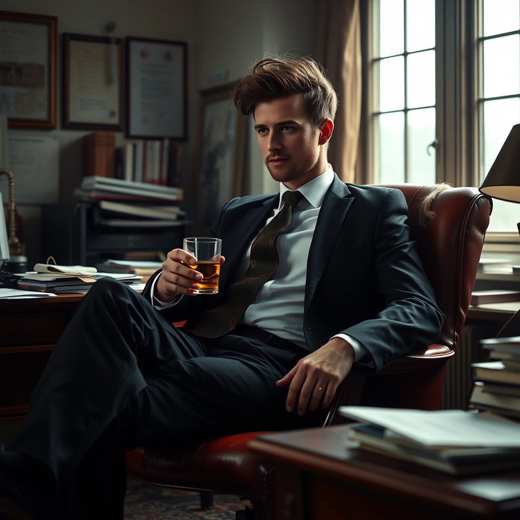 Messy Office Whiskey Drinker in Painterly Style