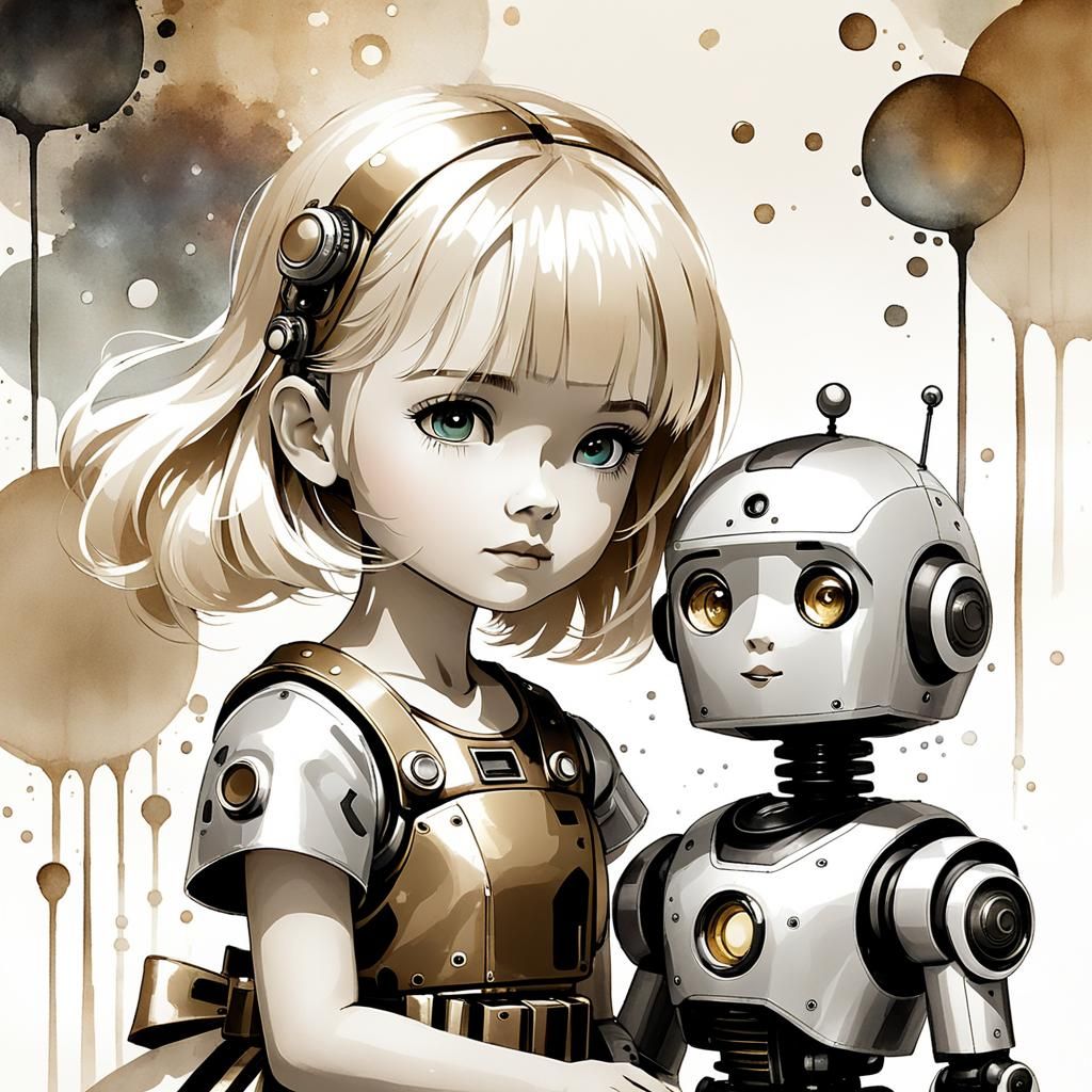 Girl and Robot in Sumi-e Style Pop Art