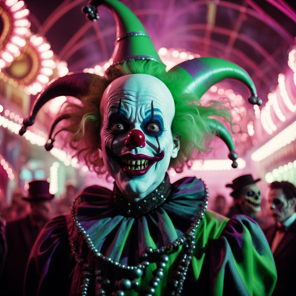 Sinister Clown's Macabre Carnival: Burtonesque Film Still