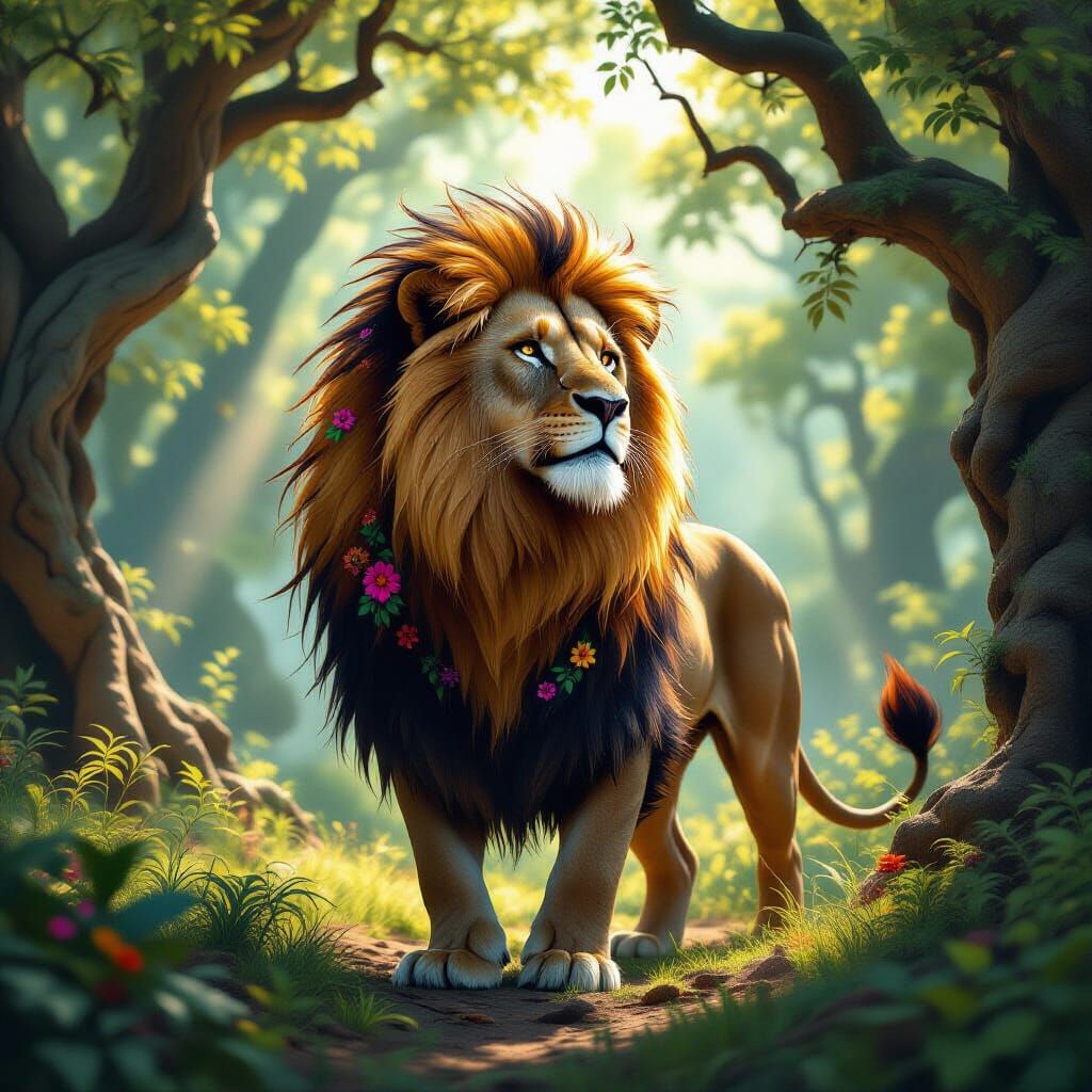 Majestic Lion with Floral Mane in Sun-Dappled Forest Clearin...