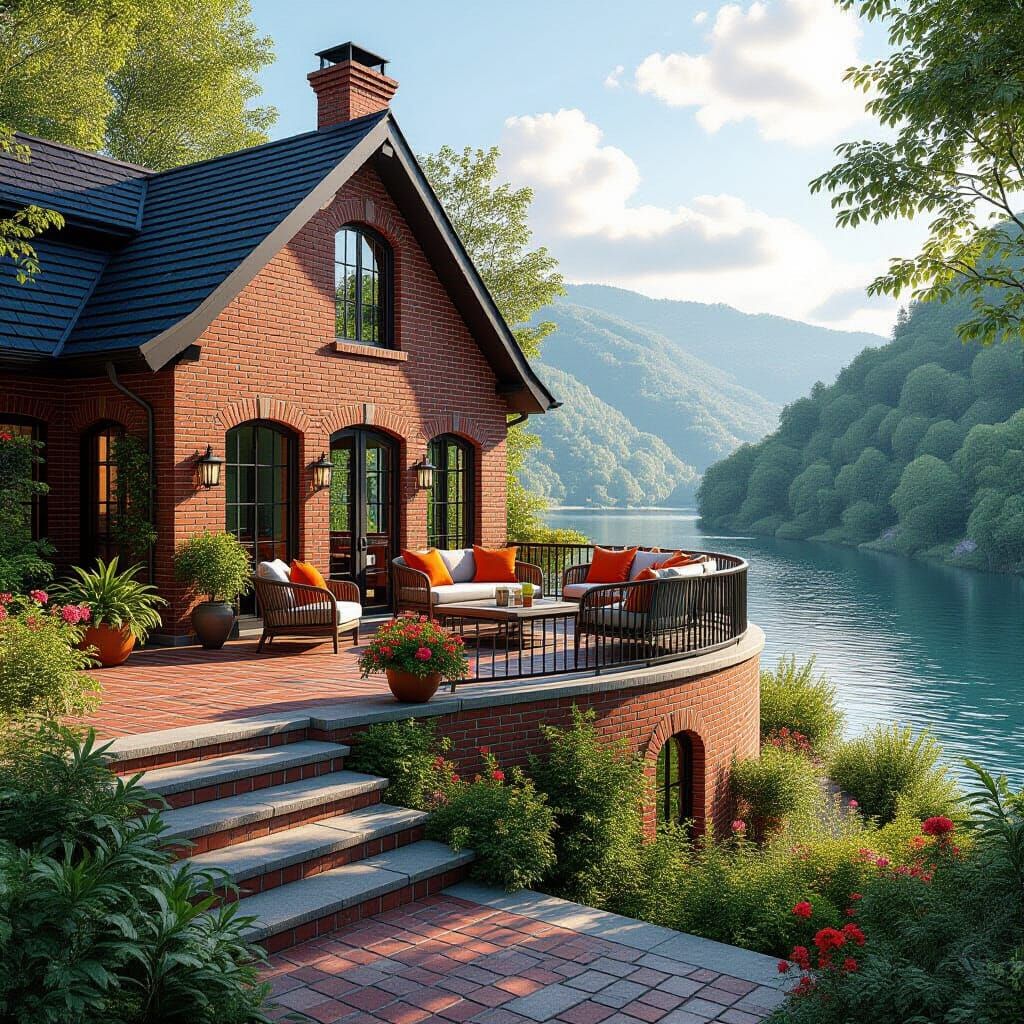Brick House Overlooking River, Fantasy Concept Art