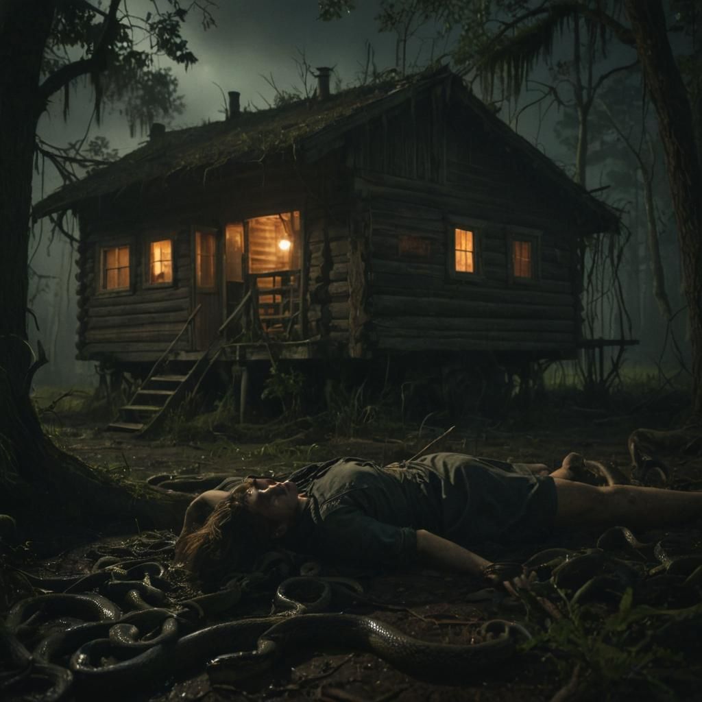 Swamp Cabin at Night: Cinematic Film Still