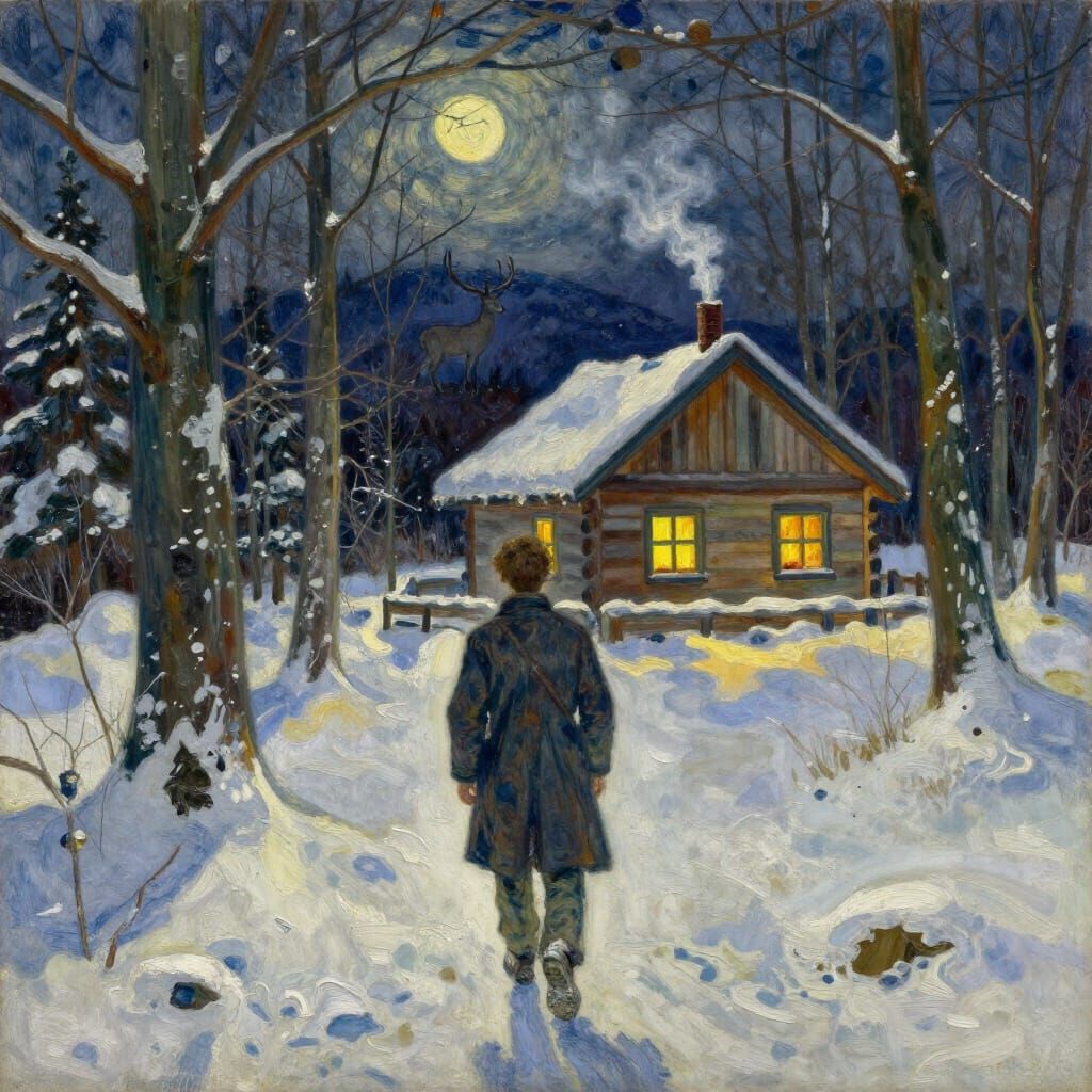 1934 Snowy Evening Forest Walk to Warm Cabin