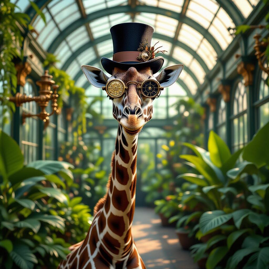 Steampunk Giraffe in Victorian Greenhouse