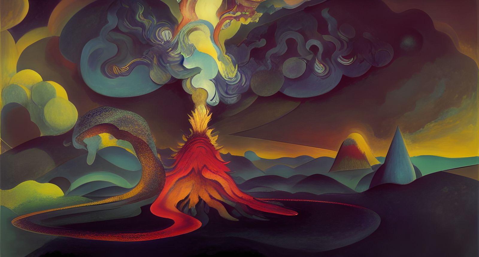 Erupting Volcano in Biopunk Ecological Landscape