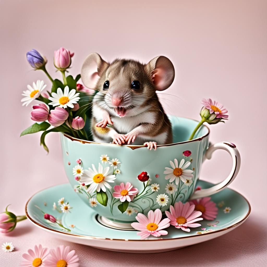 Cute Mouse Enjoying Flowers in Teacup