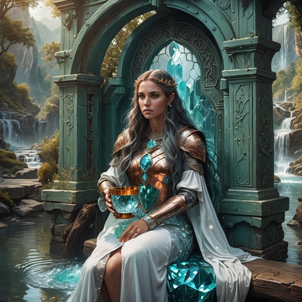 Shy Woman by River in Fantasy Armor
