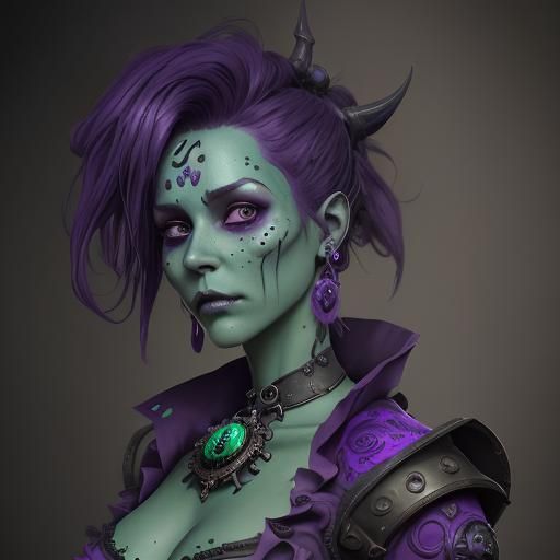 Steampunk Calavera Woman with Green Skin and Purple Hair