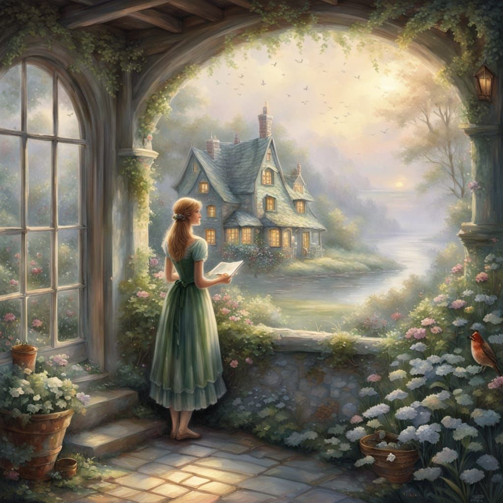 Folk Art: Woman, Robin, and Cottage Window