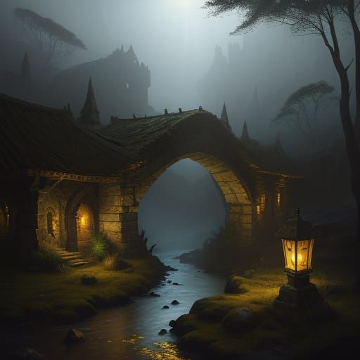 Mysterious Travelers Enter Hidden Tavern Under Bridge