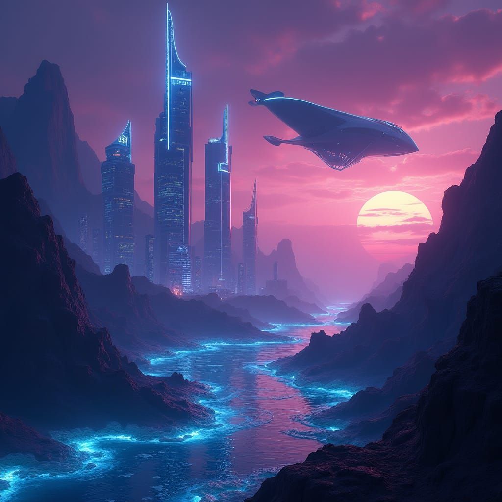 Futuristic Ocean City with Bioluminescent Waves