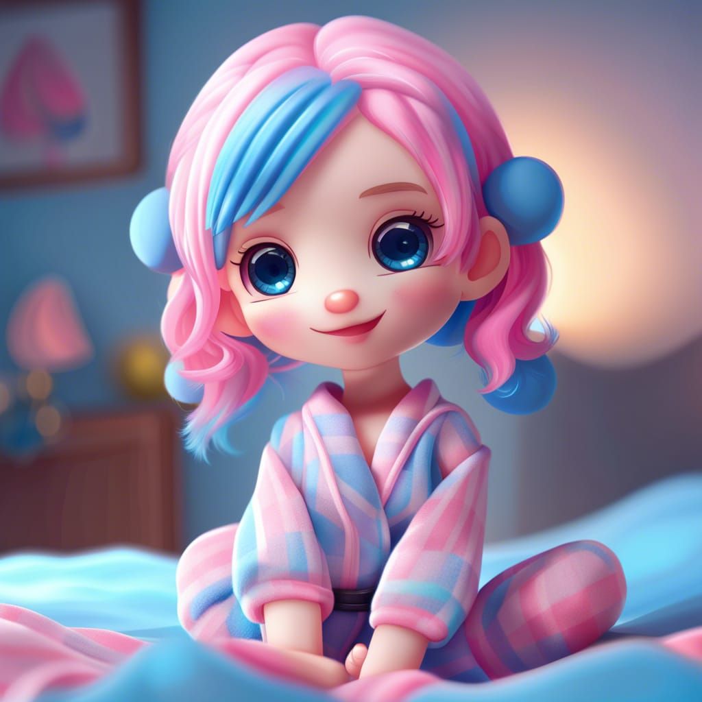 Anime Girl with Blue and Pink Hair in Pajamas