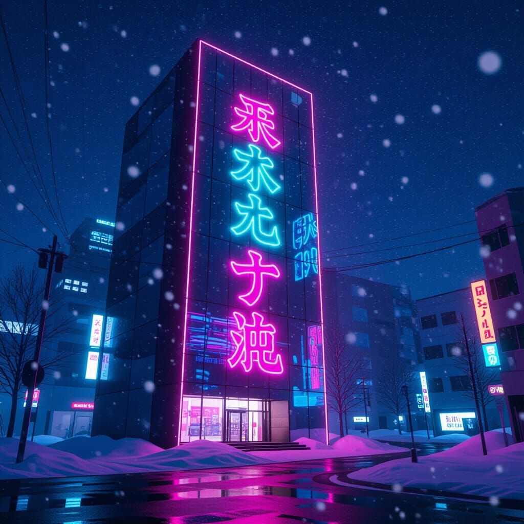 Cyberpunk Building Reflecting Neon Lights in Snowy Hokkaido