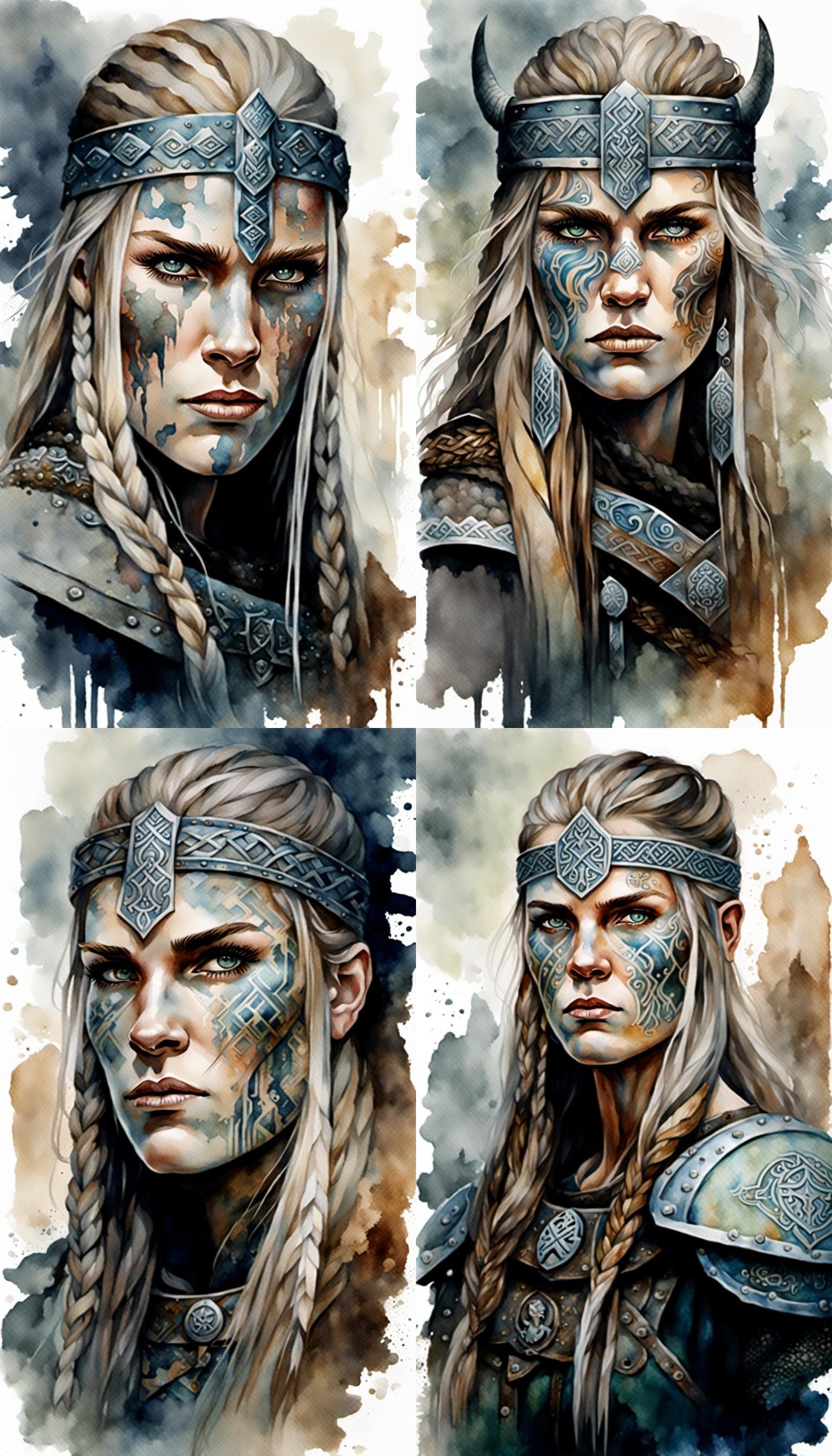 Nordic Viking Warrior Woman Portrait in Watercolor Style