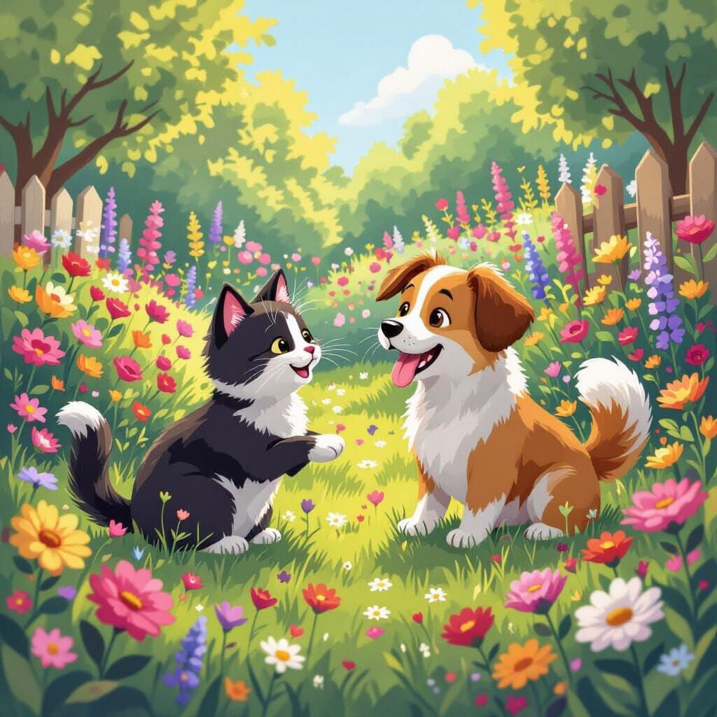 Whimsical Cat and Dog Play in Vibrant Garden