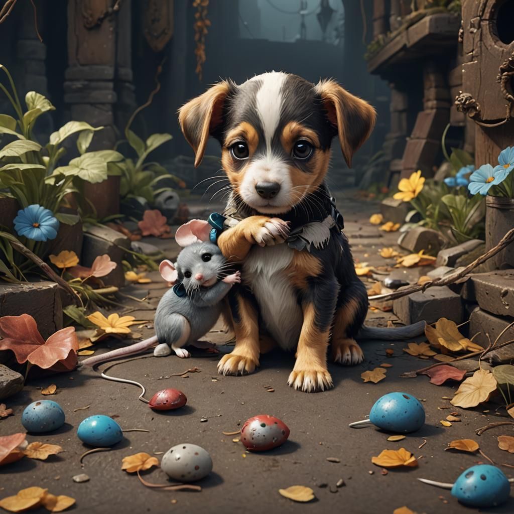 Puppy and Mouse: A Fantastical Art Painting