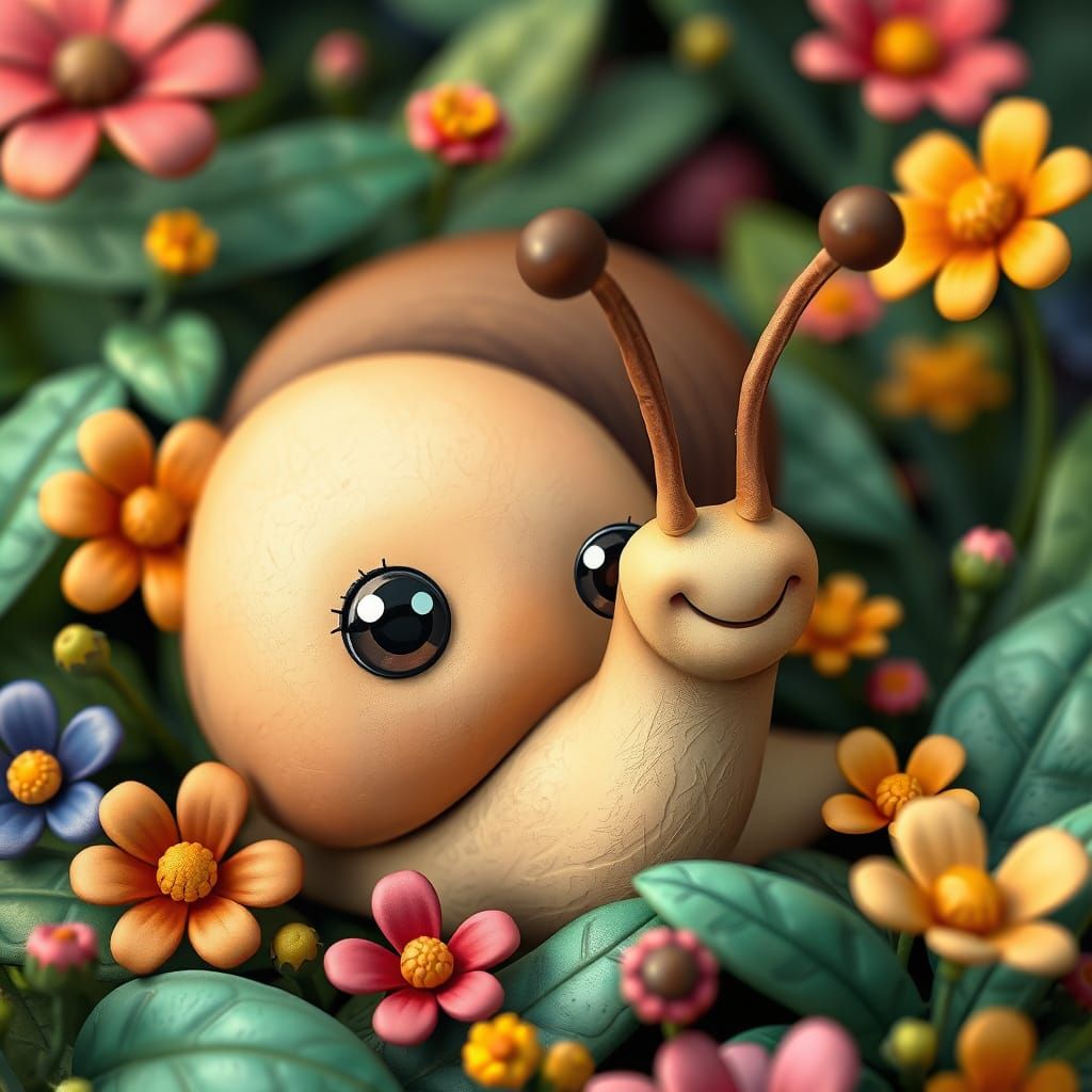 Smiling Snail in Floral Setting, Stylized 3D Art