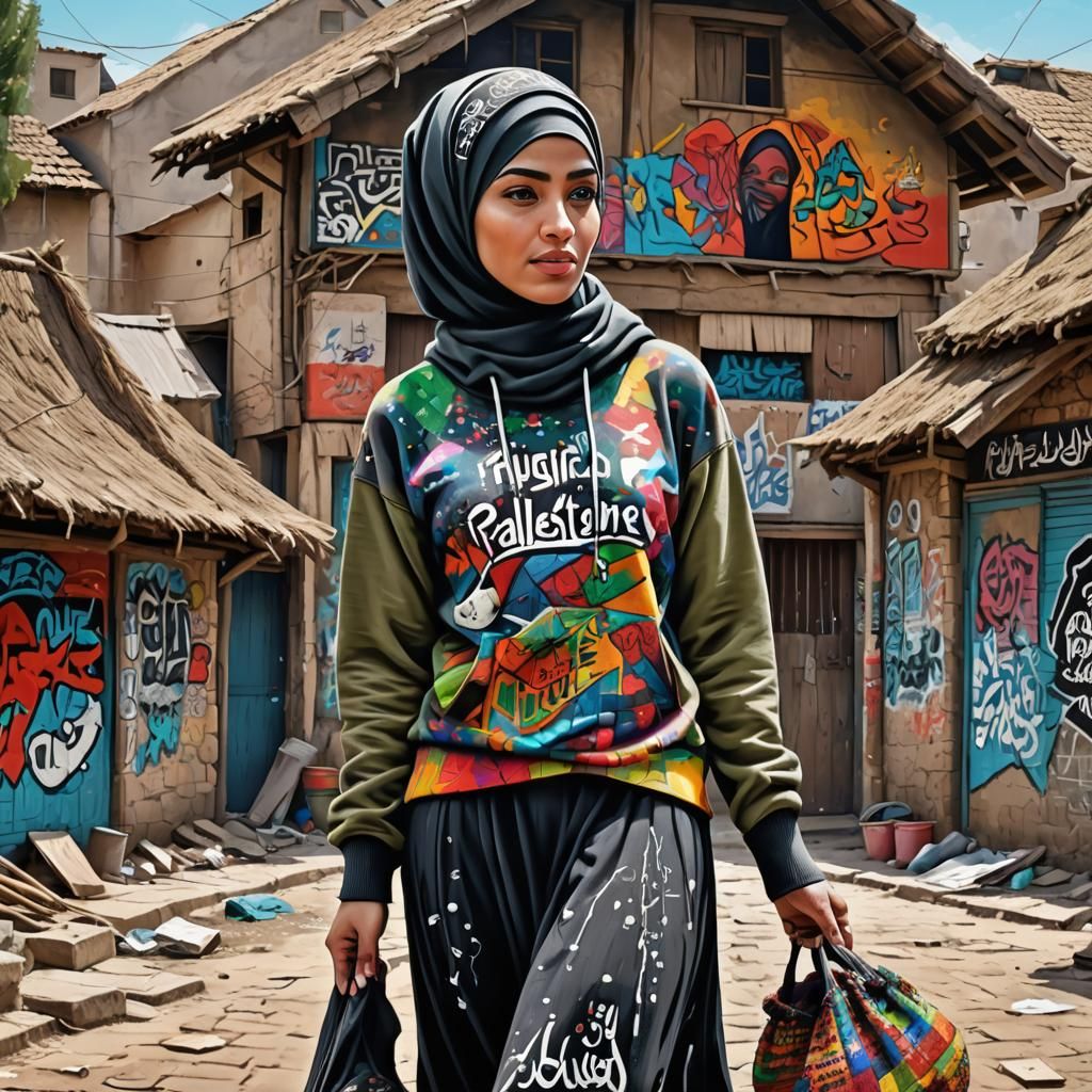 Muslim Woman in Graffiti Art Style with "Free Palestine" Mes...