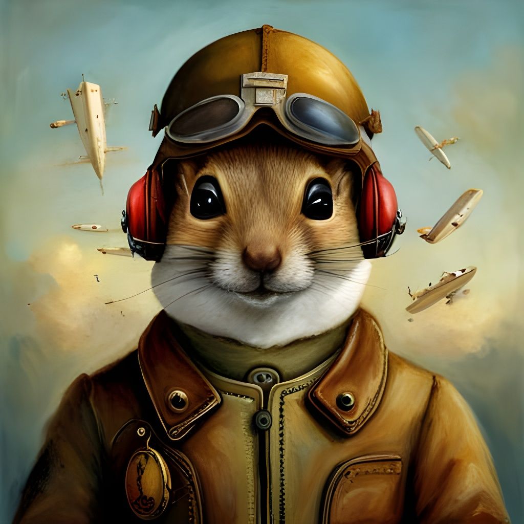 Whimsical Squirrel Ace Pilot in WWI Airplane