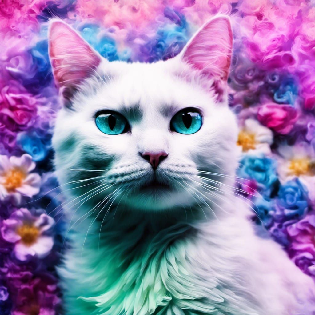 Plop paint spill pearlized translucent floralscape cat fantasy art concept, acid accent, high contrast texture photograp...