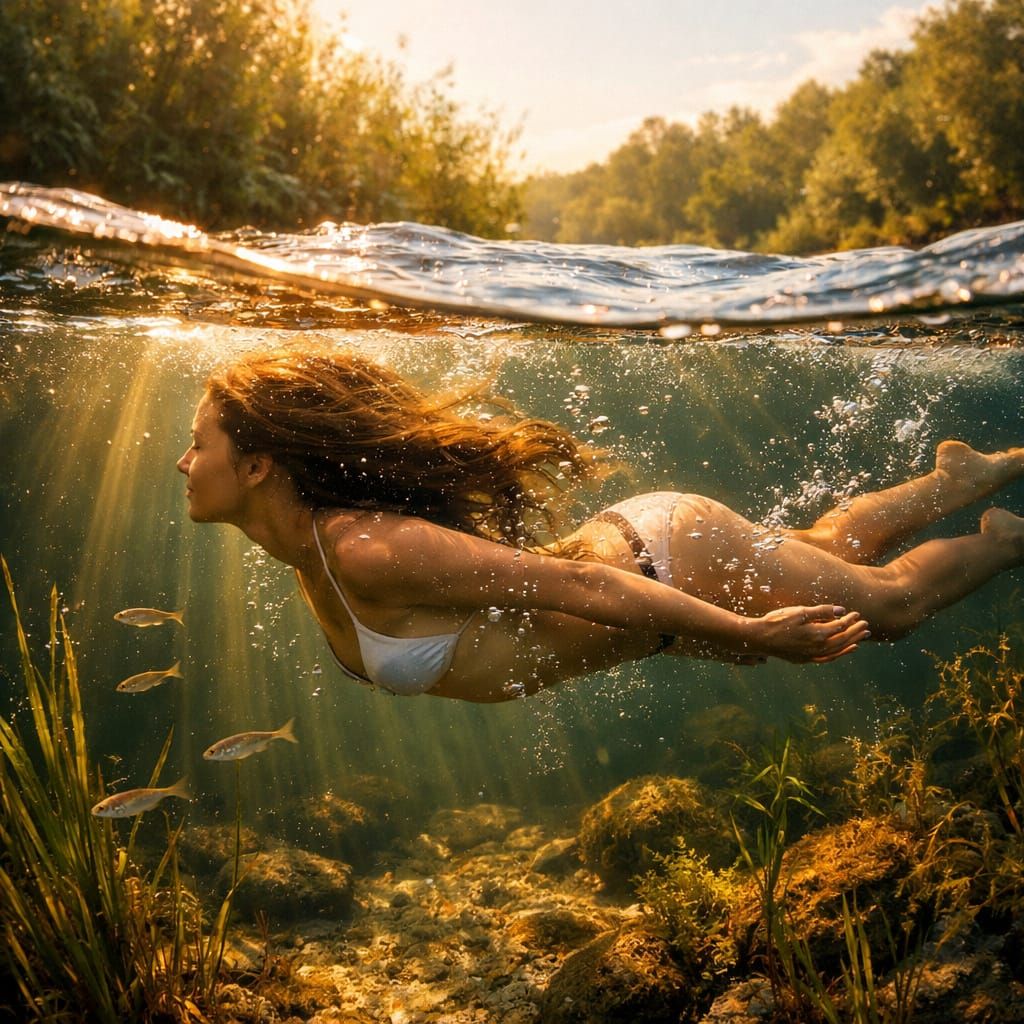 Woman Swimming Gracefully Underwater in Golden Sunlight