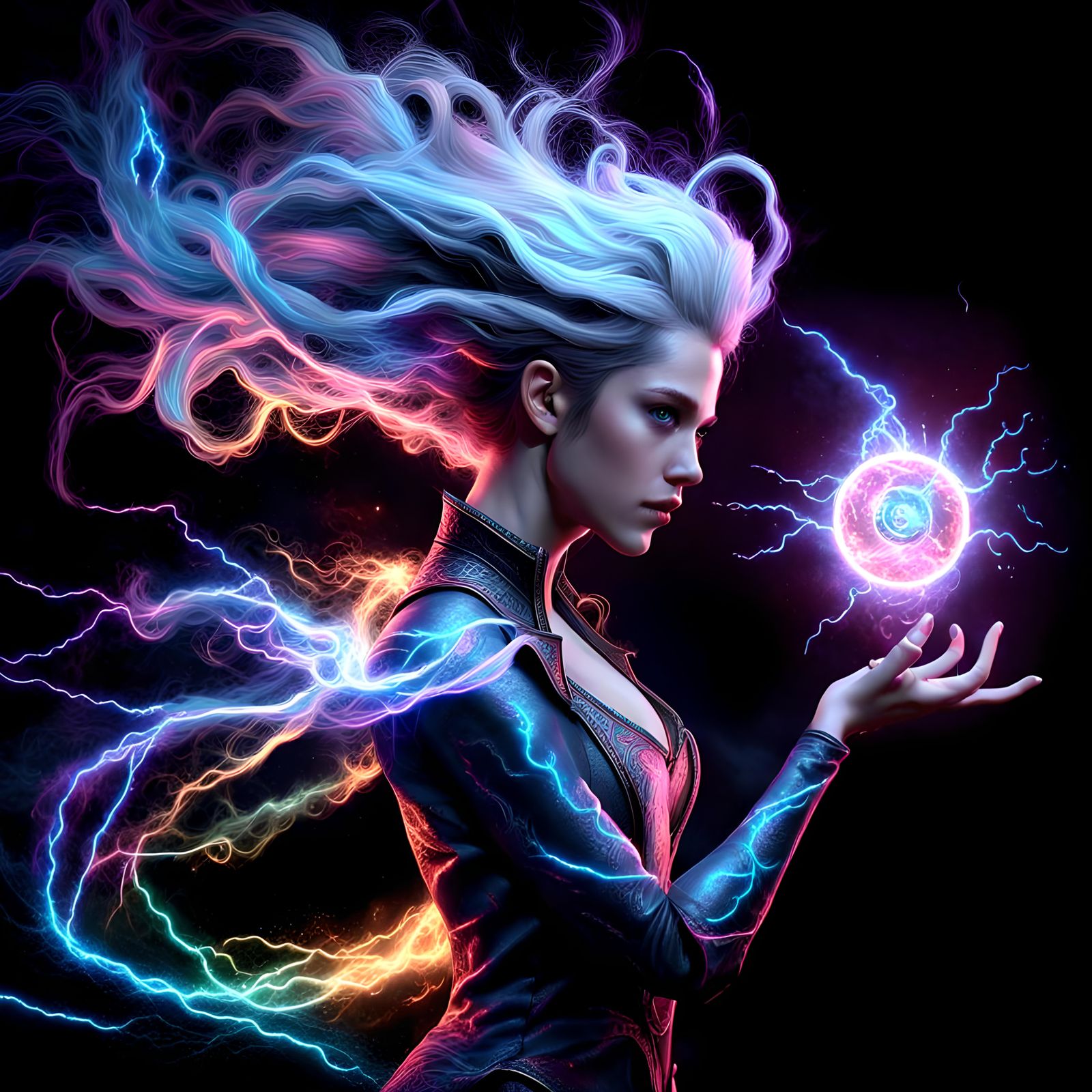 Powerful female sorceror, hair made of lightning,  prismatic...