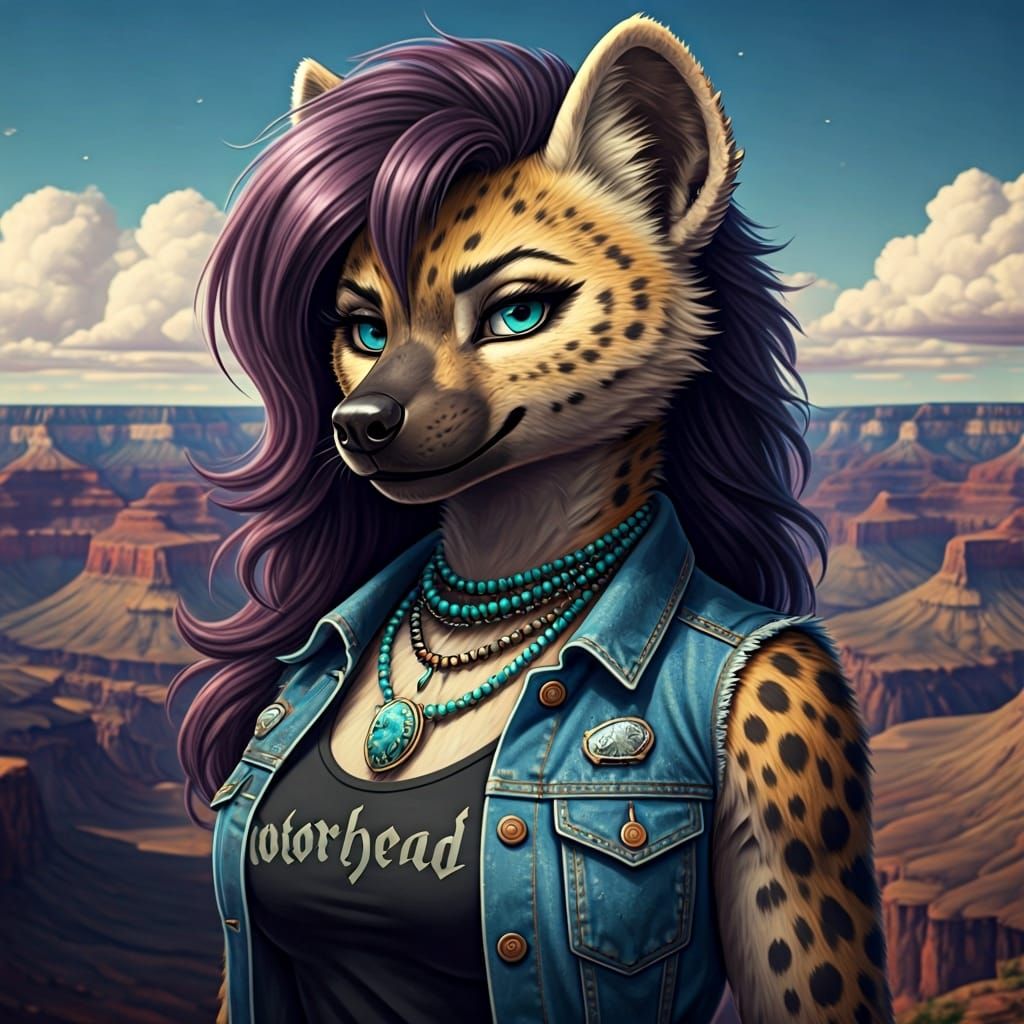 Anthropomorphic Hyena with Turquoise, Grand Canyon Backdrop