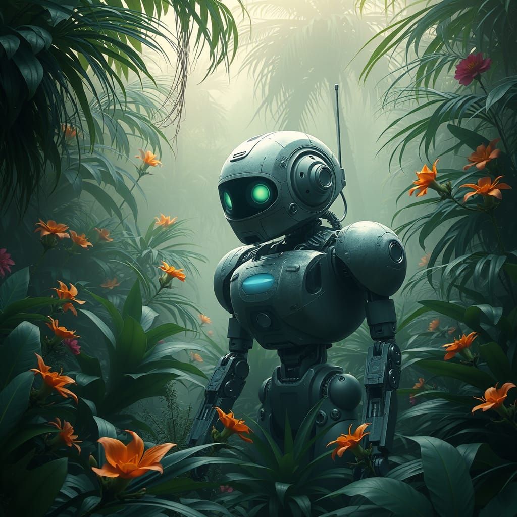 Robot Explorer in Lush Jungle, Cinematic Lighting