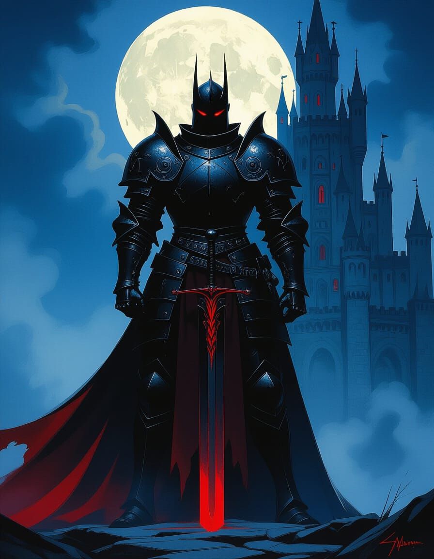 Gothic Knight Before Moonlit Castle
