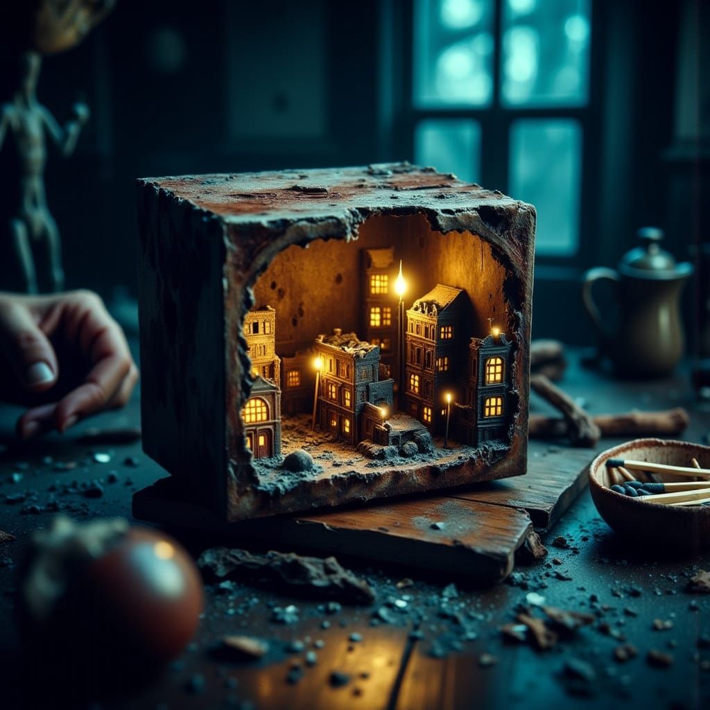 Intricate Diorama Town Inside Vintage Matchbox