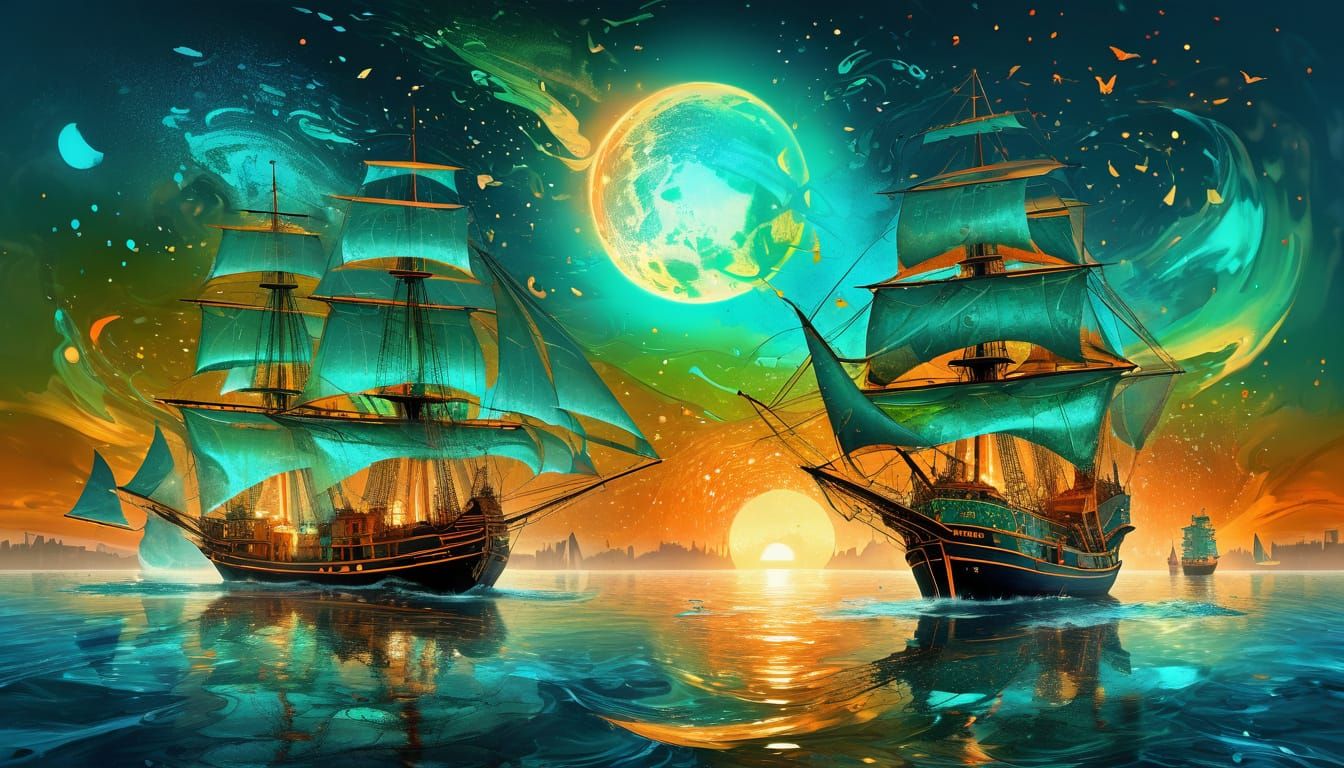 Golden Sunset Over European Harbor: Double Exposure