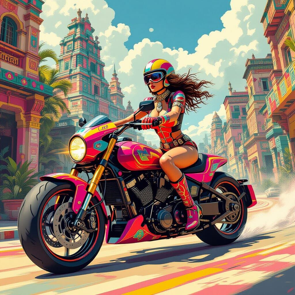 Retro Sci-Fi Motorcycle Rider in Mayan City