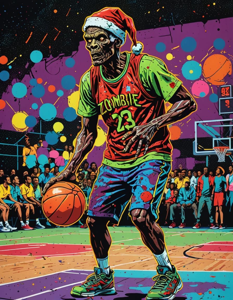 Zombie Santa Plays Basketball in Pop Art Style