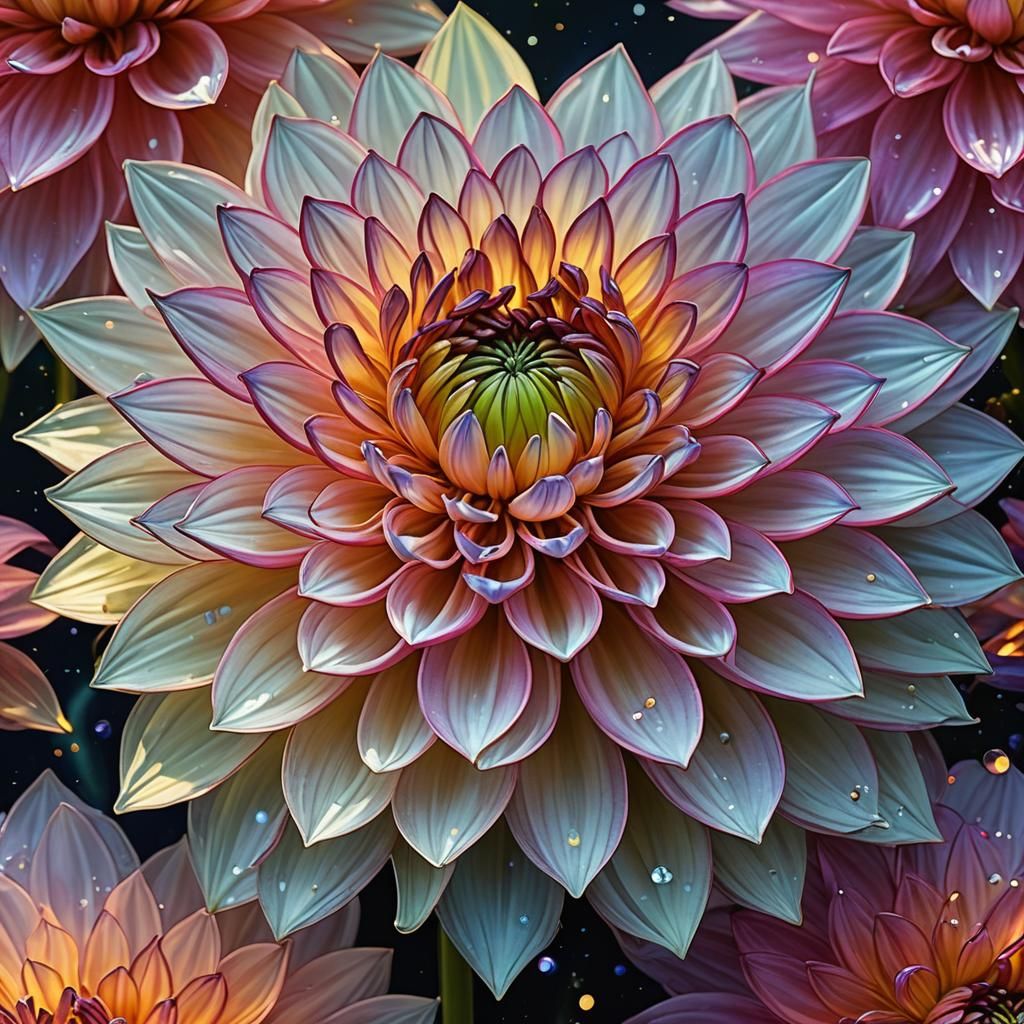 Bioluminescent Dahlia Blossom Glass Art in Watercolor Style