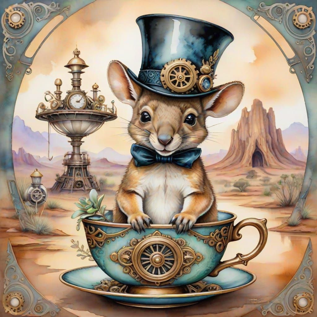 Steampunk Wallaby in Teacup, Watercolor Painting