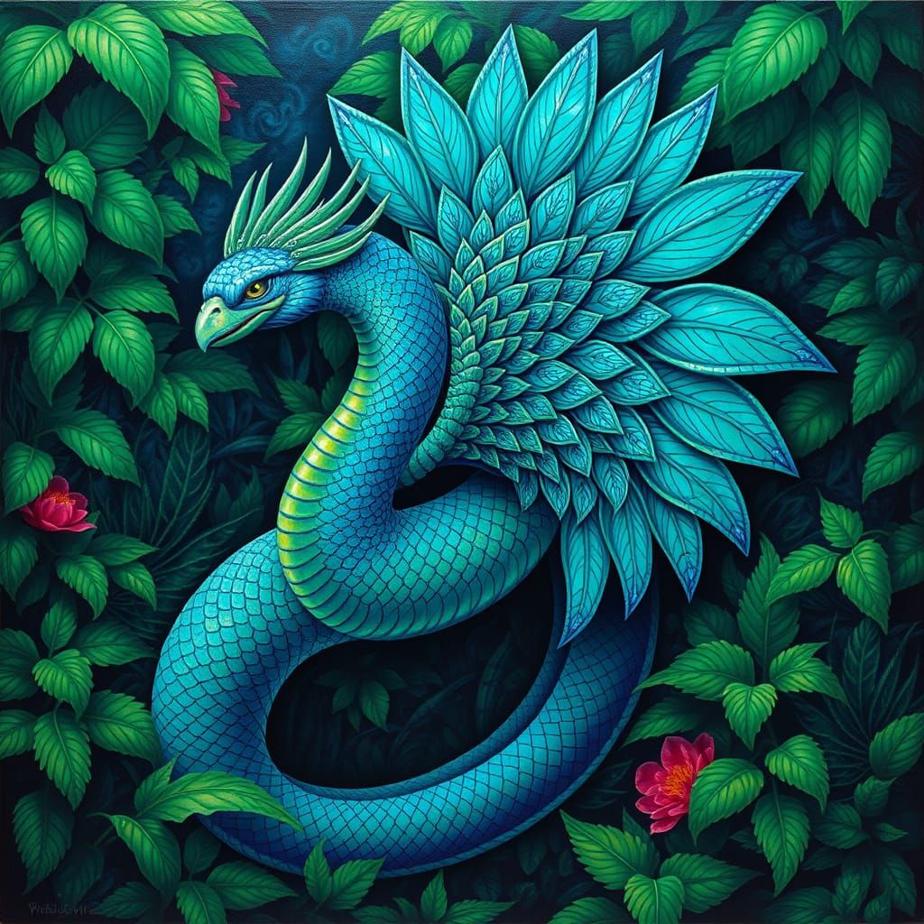 Majestic Feathered Serpent Deity Rises from Lush Mesoamerica...