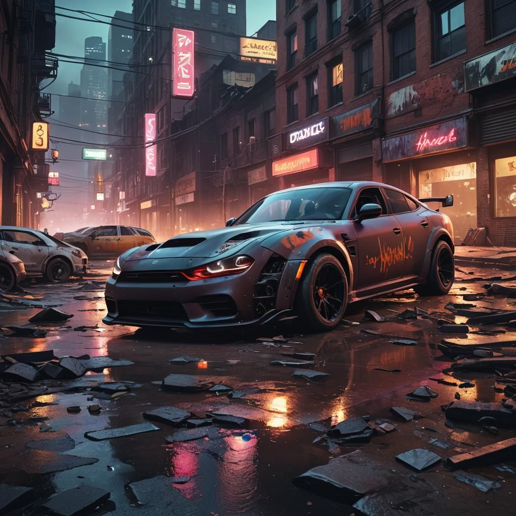 Dystopian Cityscape: Hellcat Durango and Porsche 911