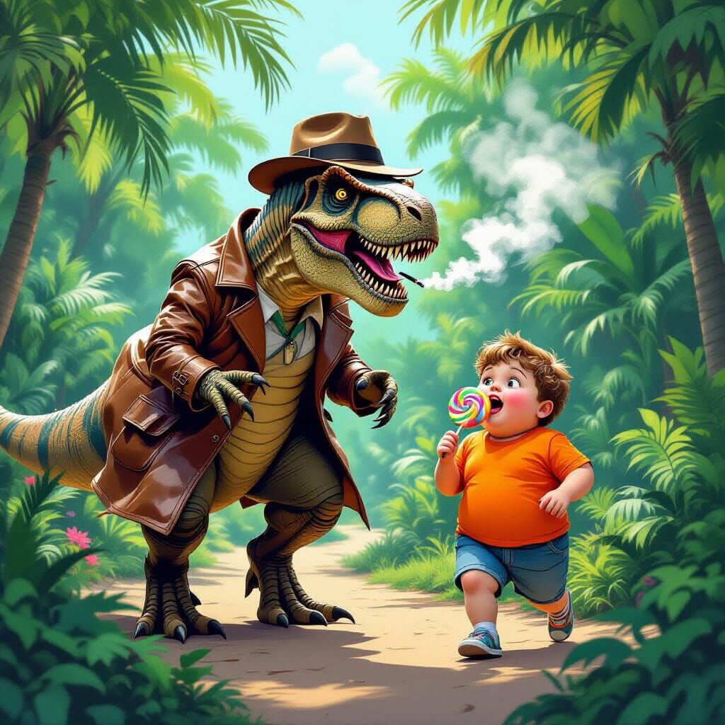 T-Rex in Fedora Chasing Kid in Jurassic Park