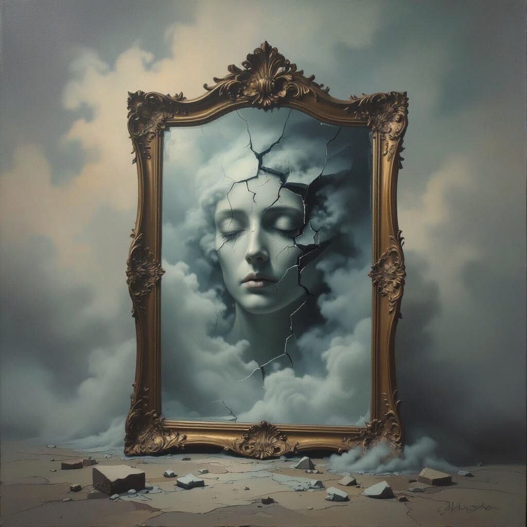 Surrealist Oil Painting of Fractured Self in Foggy Mirror