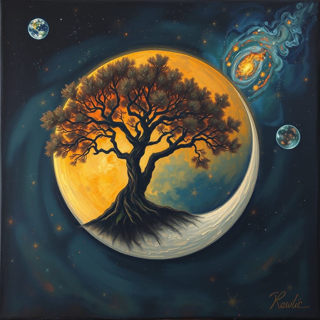 Surreal Moonlit Tree Reigns Over Burning Earth in Cosmic Pas...