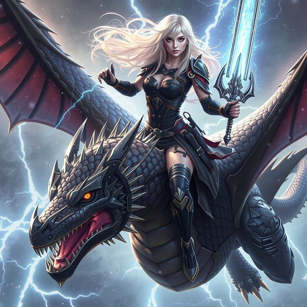 Fearless Female Warrior Soars on Majestic Dragon in Futurist...