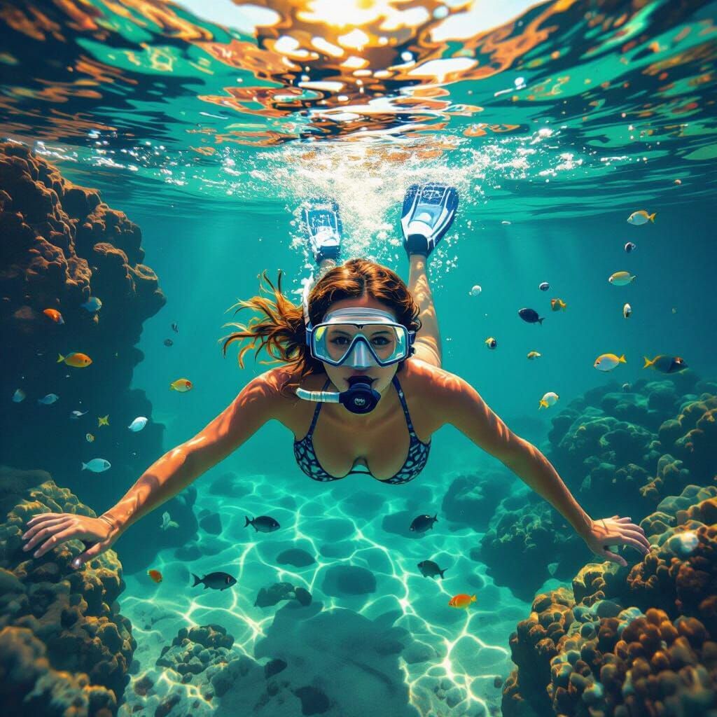Snorkeler Explores Calm Turquoise Waters in Digital Art Styl...