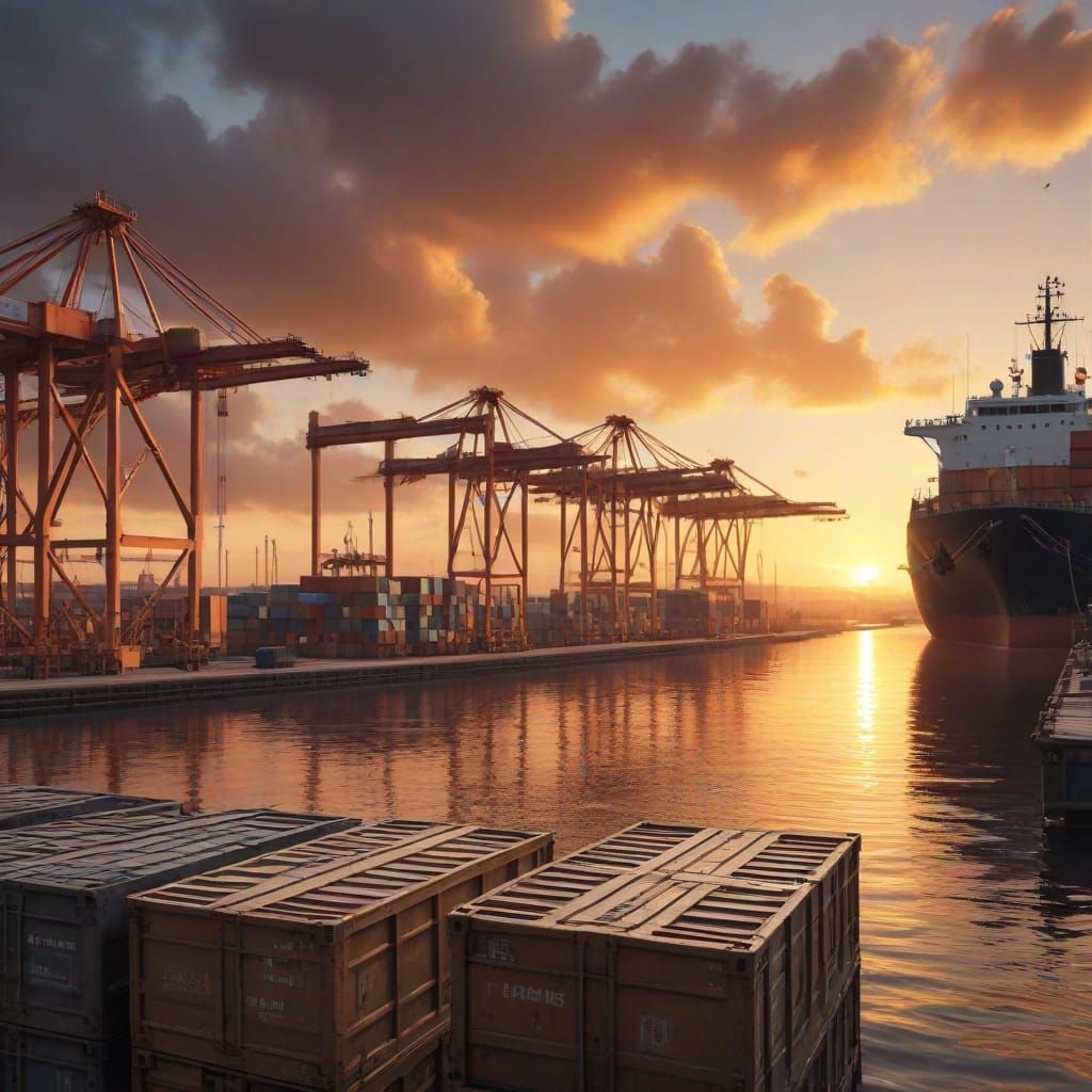 Vibrant Sunset Port Scene in Cinematic Oil Painting Style