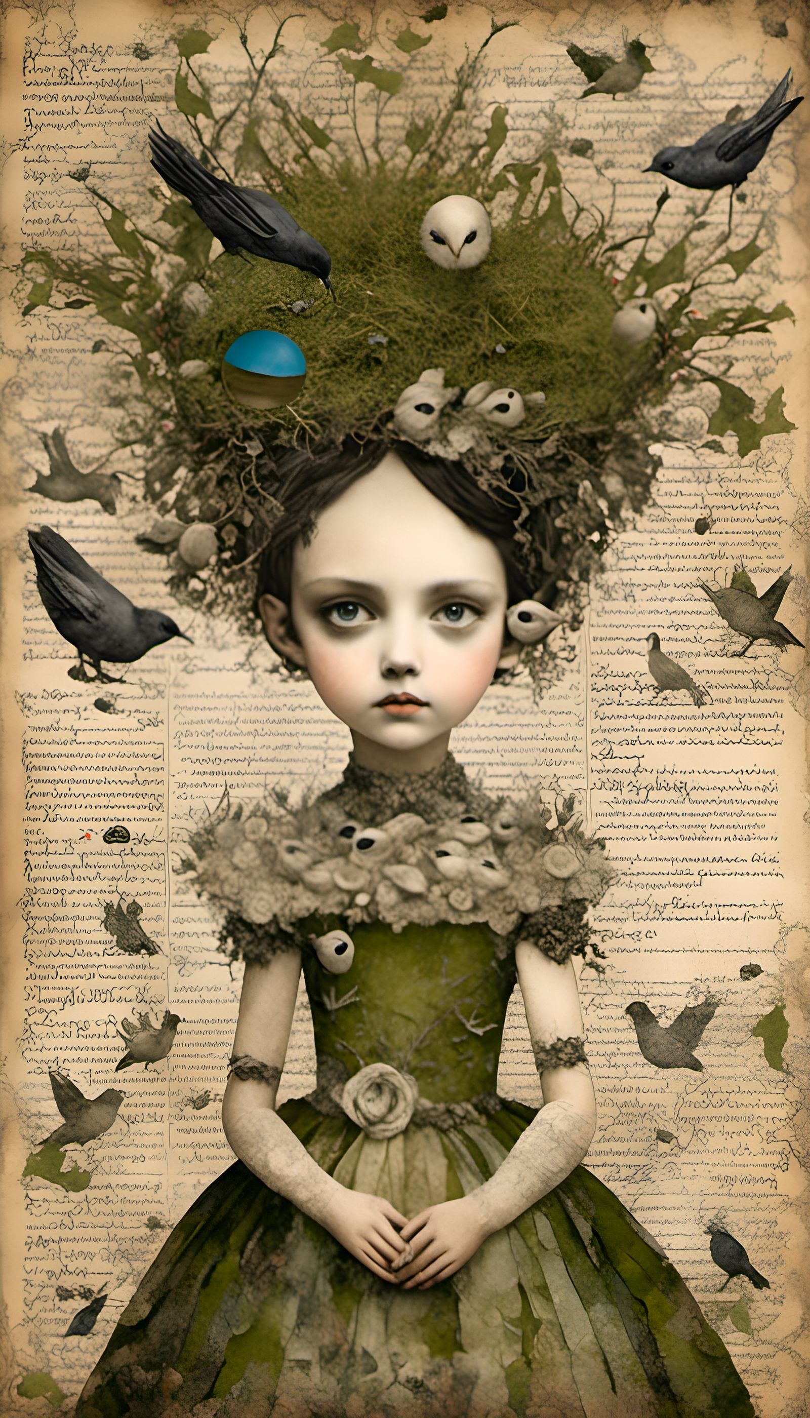 Gothic Moss Princess with Bird Nest Collage